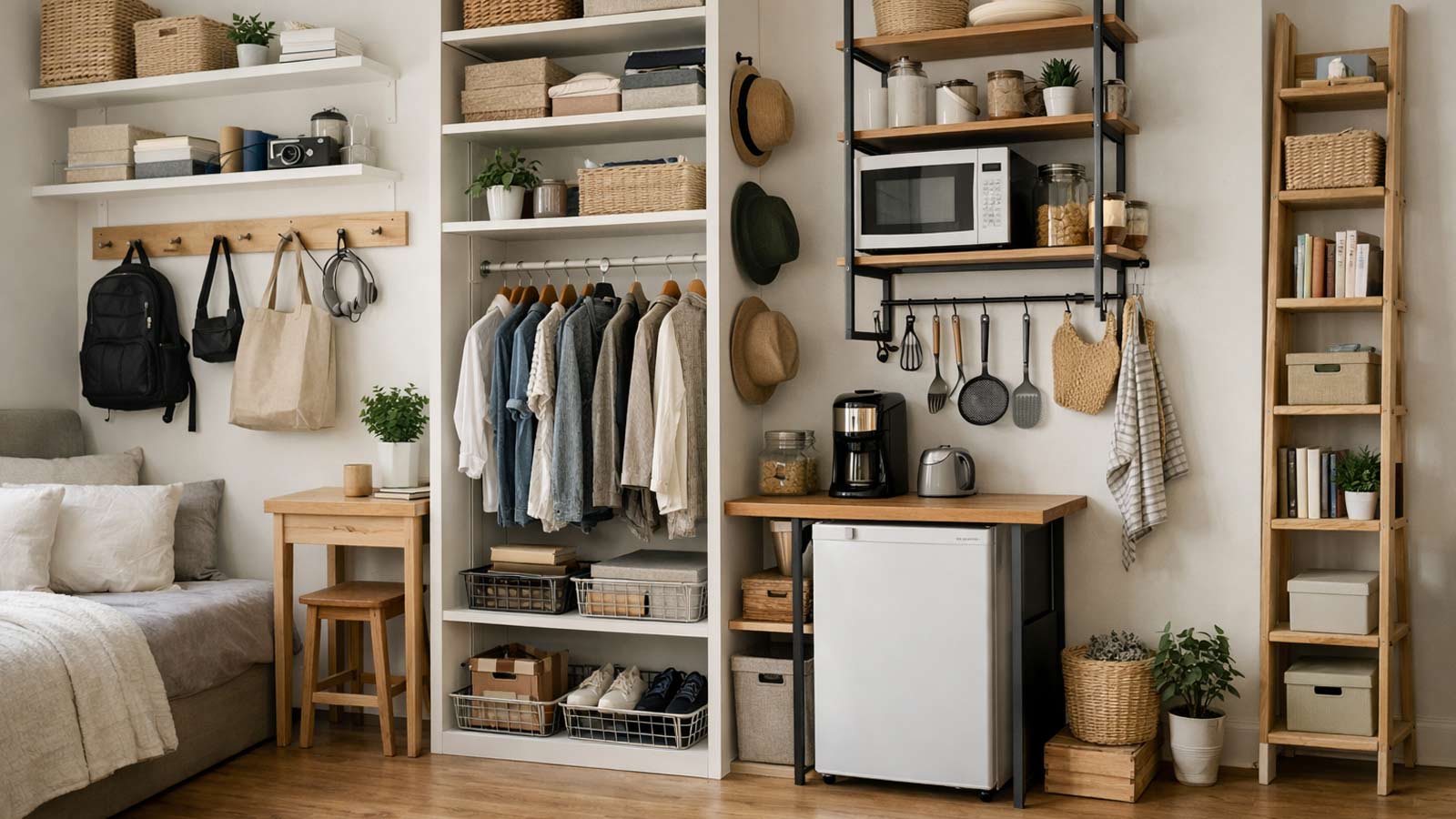 Small apartment vertical storage ideas using wall shelves, pegboards, and stacked organizers to maximize space in a compact living area