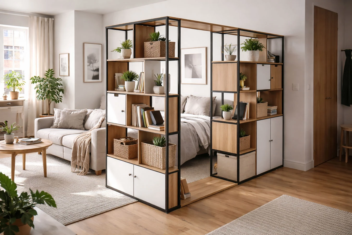 Room divider + storage in a compact 1-bedroom apartment multi-use room divider using mixed modular system (open + closed)