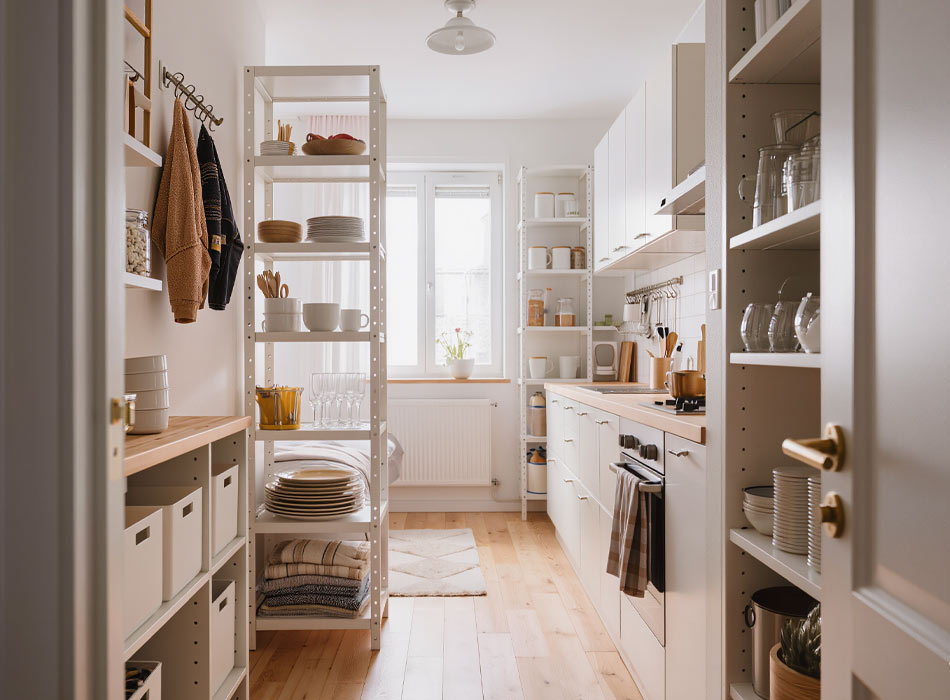 Compact-apartment-kitchen-without-pantry-showing-freestanding-shelving