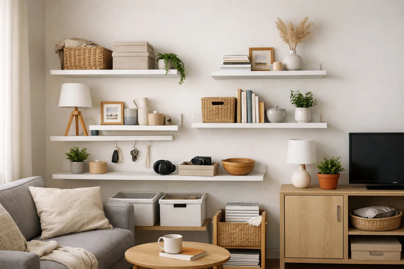 Decorative + functional hybrid storage in a small studio apartment living room using adhesive floating shelf