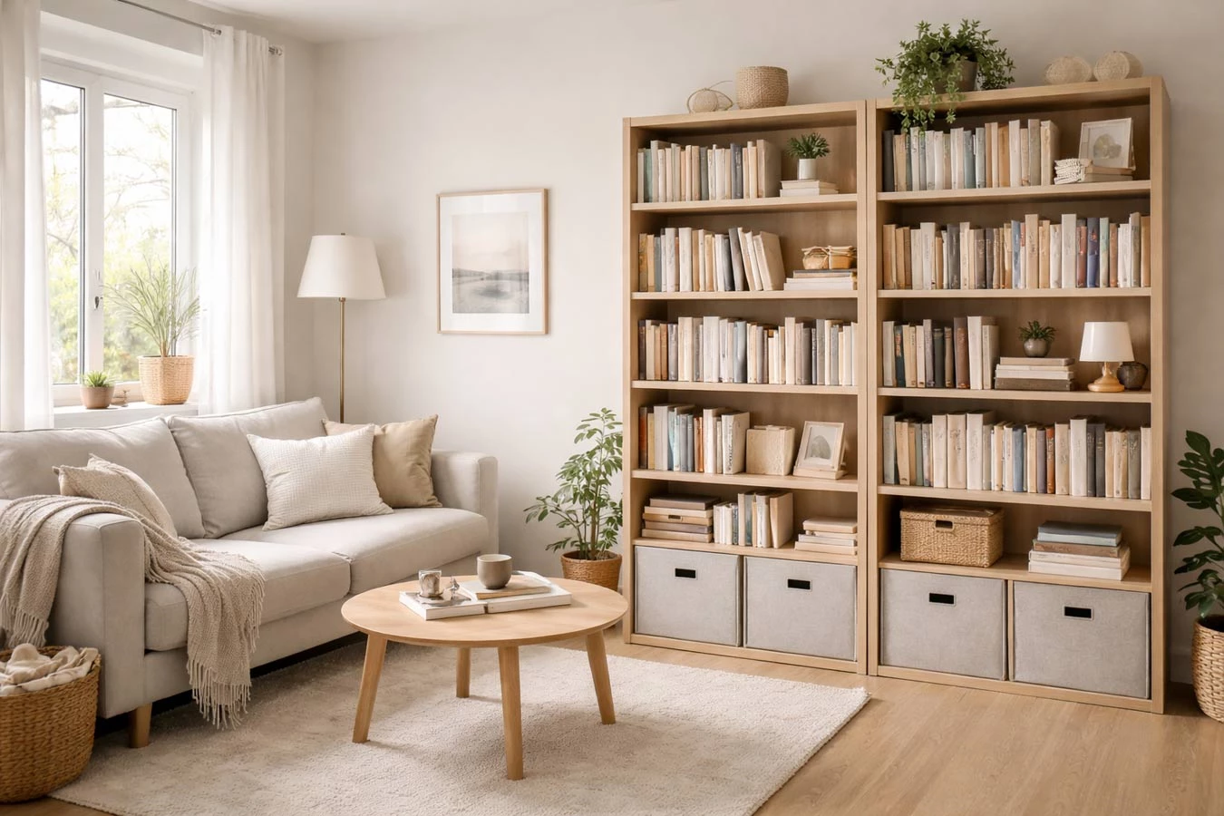 Overflow book storage in a compact 1-bedroom apartment living room using tall bookcases