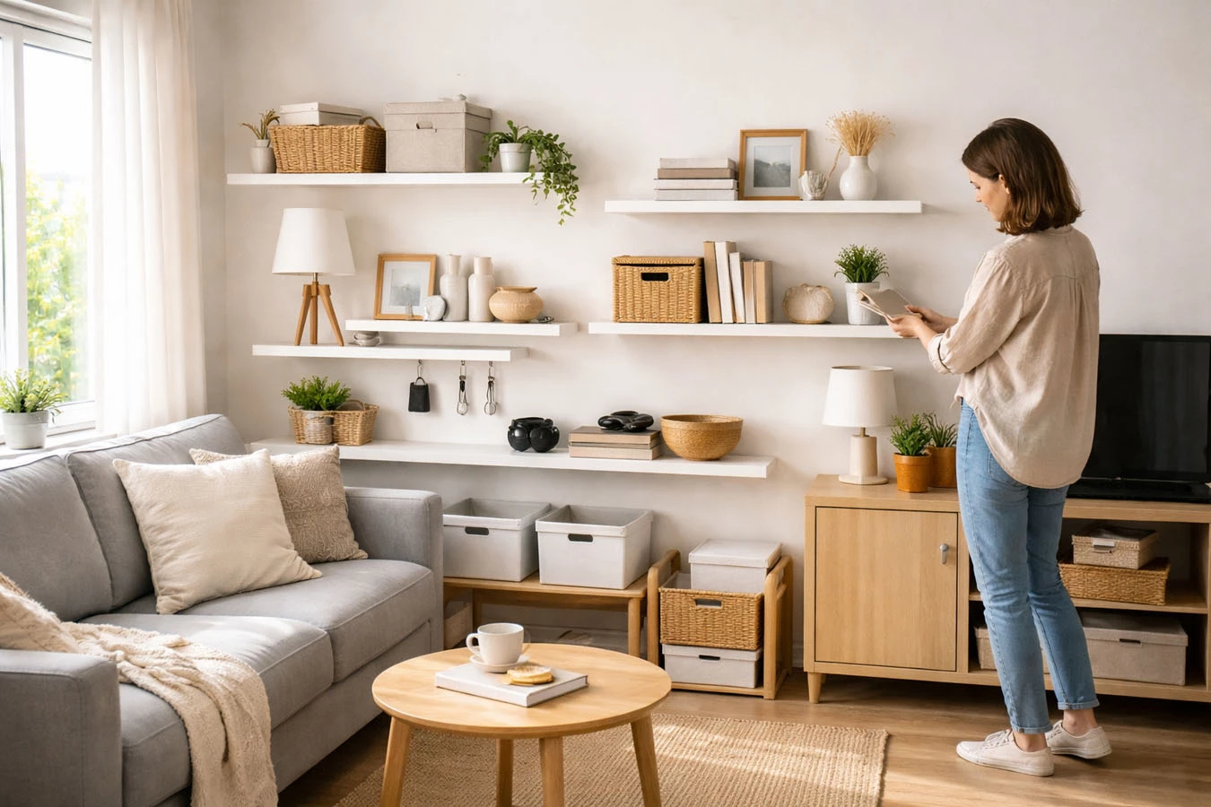 Decorative + functional hybrid storage in a compact 1-bedroom apartment living room using adhesive floating shelf