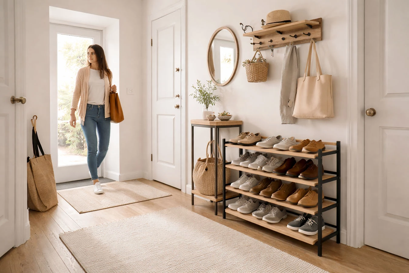 Shoe organization system in a average 1-bedroom rental entryway / hallway using tiered shoe rack