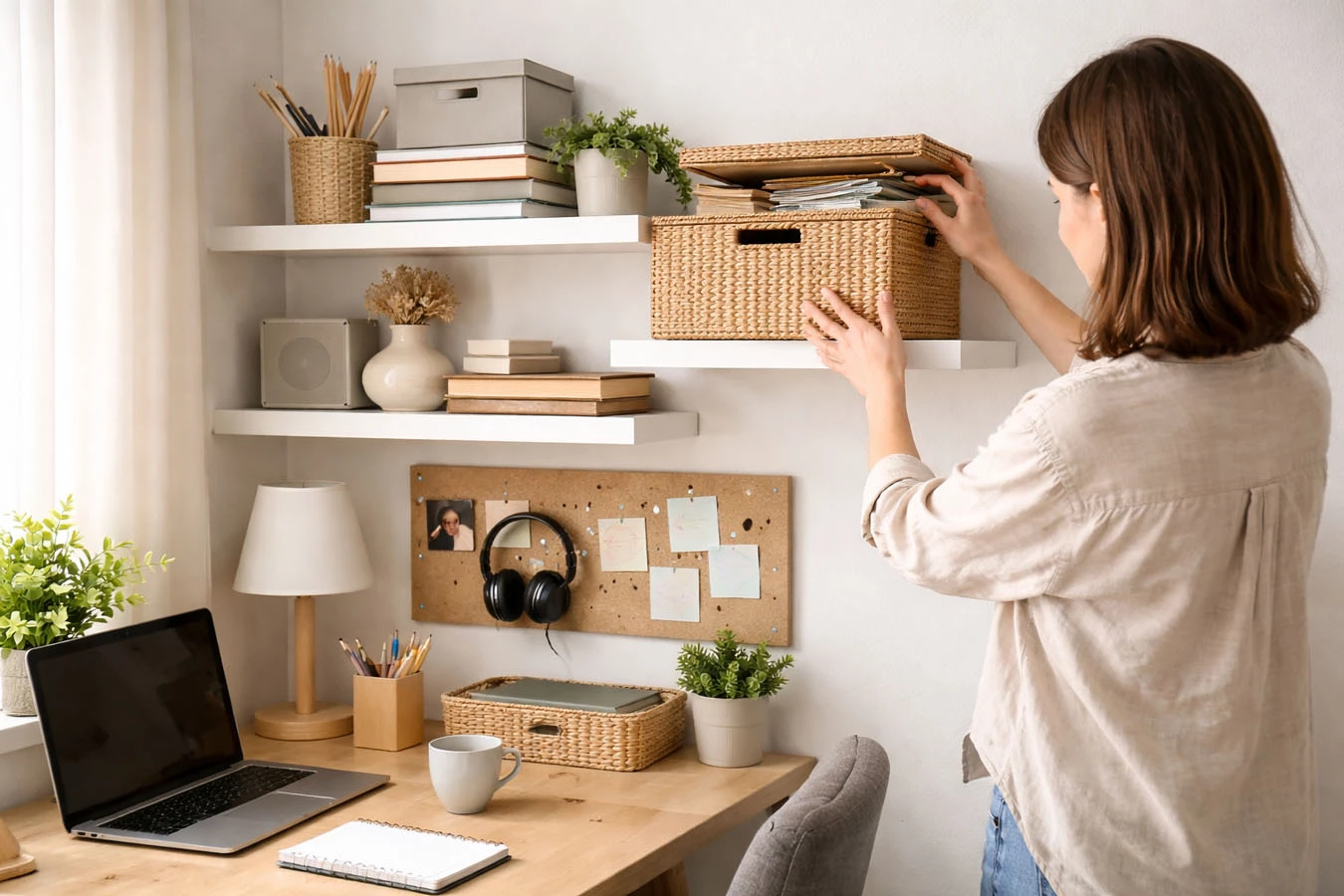 Work-from-home storage in a small studio apartment home office using adhesive floating shelf