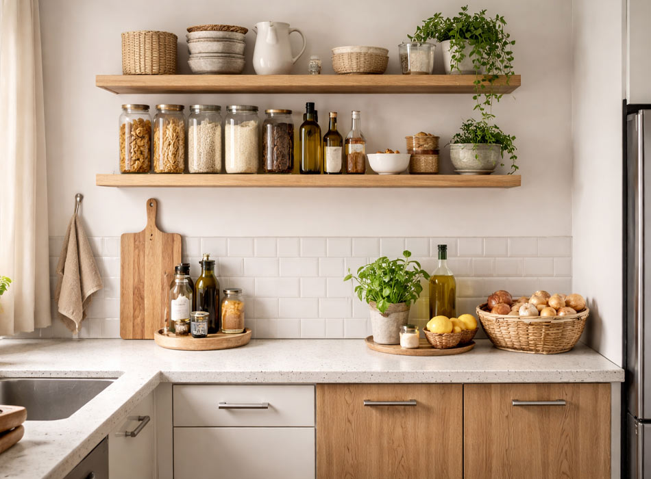 Open-kitchen-shelving-on-blank-wall-holding-pantry-items