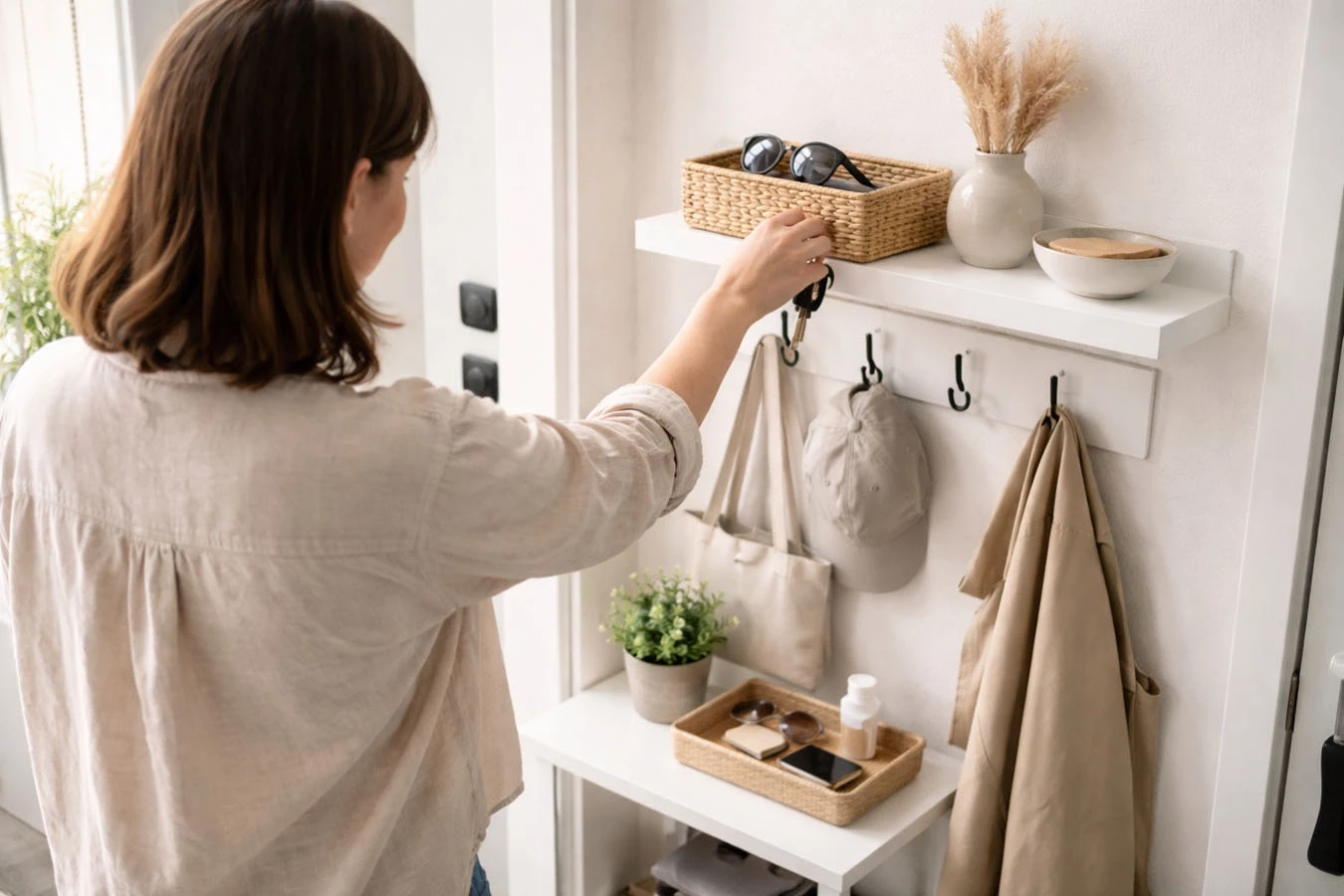 Entryway drop zone in a compact 1-bedroom apartment entryway / hallway using adhesive floating shelf
