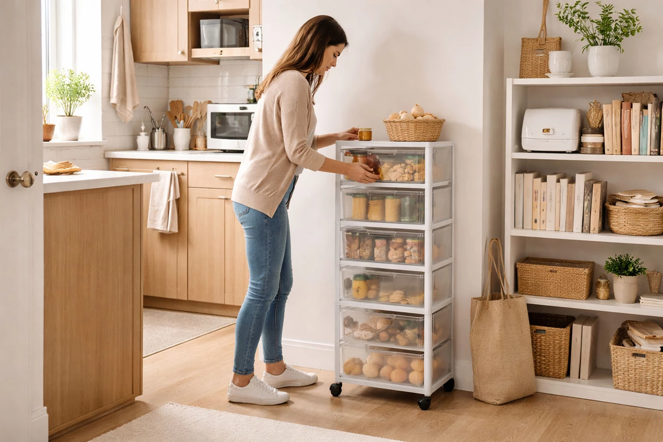 Pantry & kitchen overflow in a small studio apartment kitchen overflow using slim rolling cart