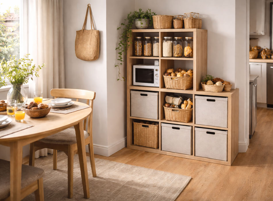 Stackable-cube-unit-with-labeled-fabric-bins-near-kitchen