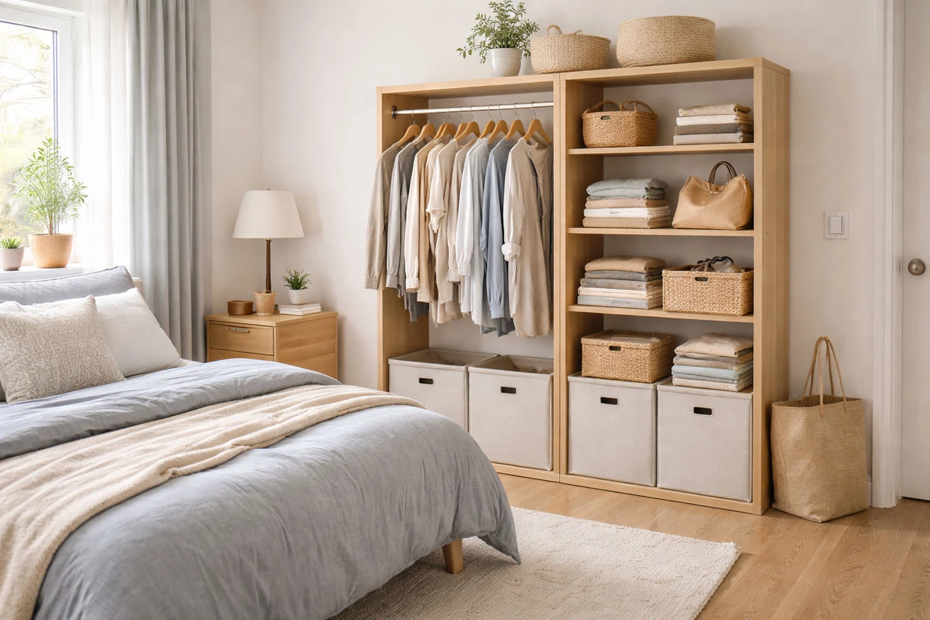Clothing & wardrobe overflow in a compact 1-bedroom apartment bedroom using open shelving with fabric bins