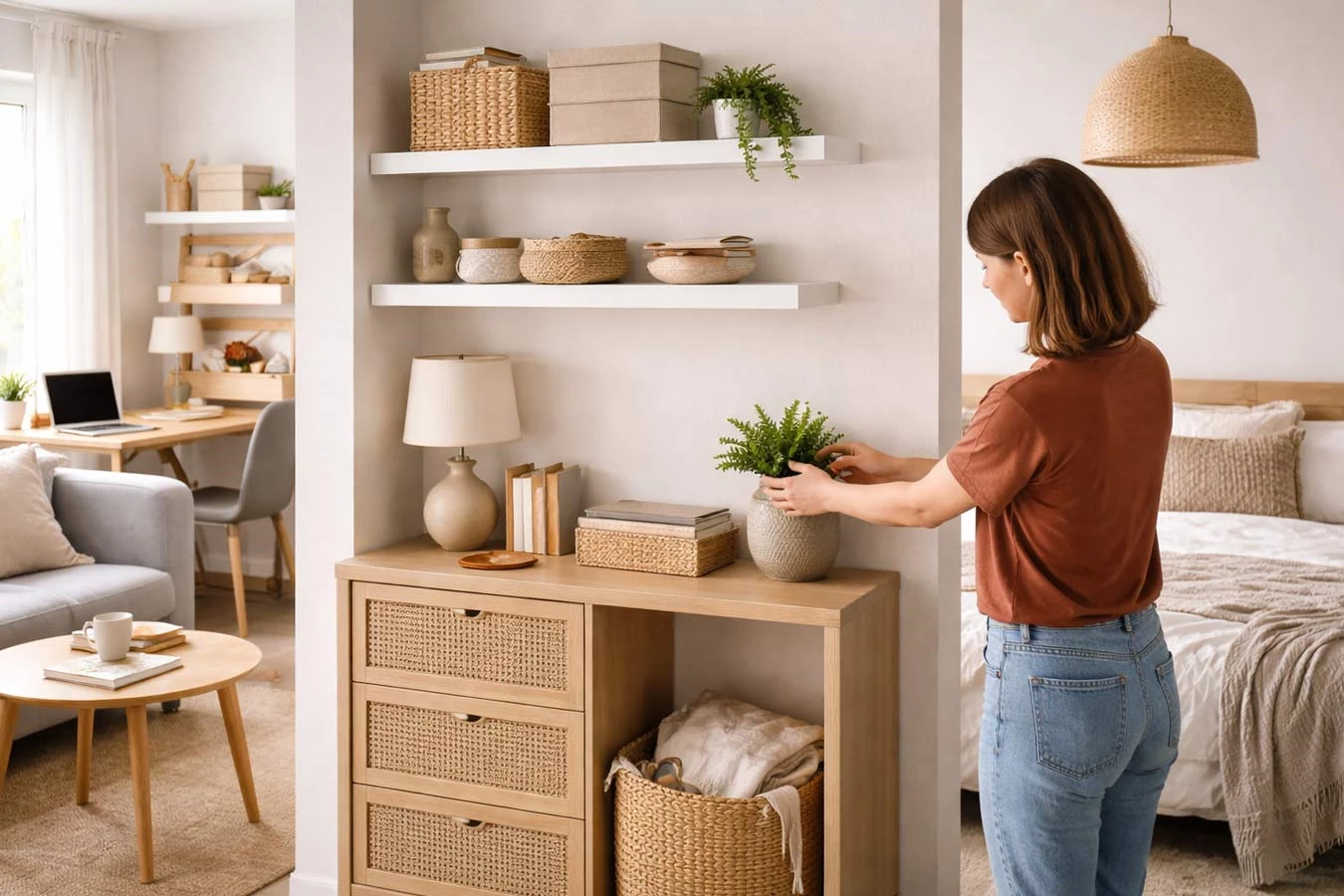 Decorative + functional hybrid storage in a open-concept small apartment multi-use room divider using adhesive floating shelf