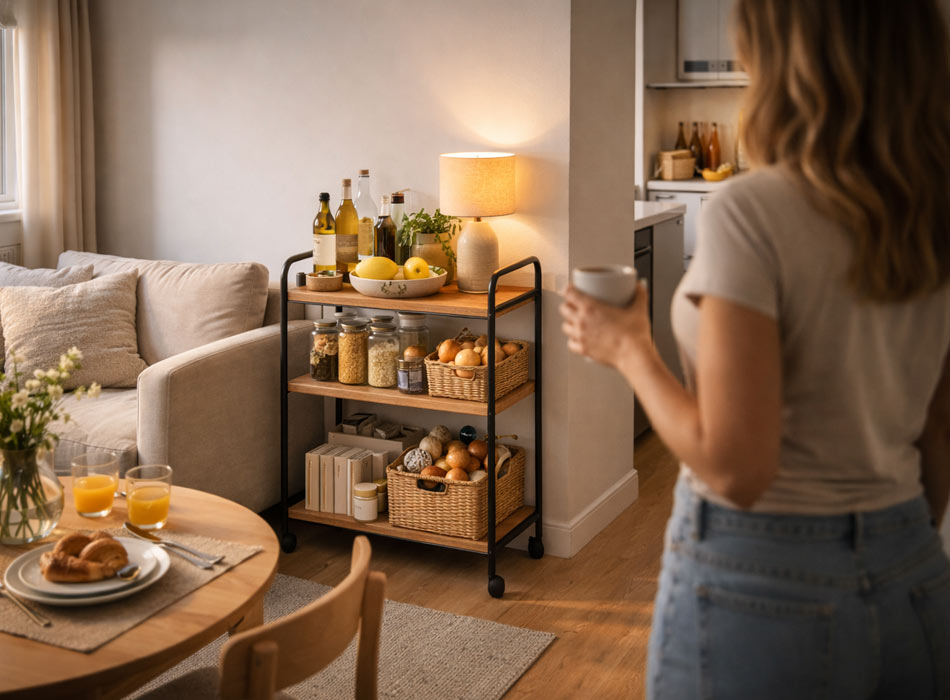 Bar-cart-in-dining-corner-used-as-kitchen-pantry-overflow-storage