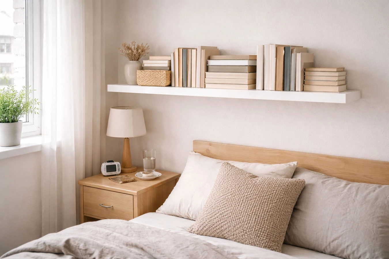 Overflow book storage in a micro-studio (very compact, tight layout) bedroom using adhesive floating shelf