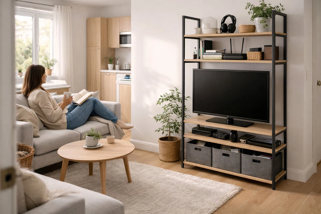 Media / tech organization in a open-concept small apartment living room using freestanding vertical shelving
