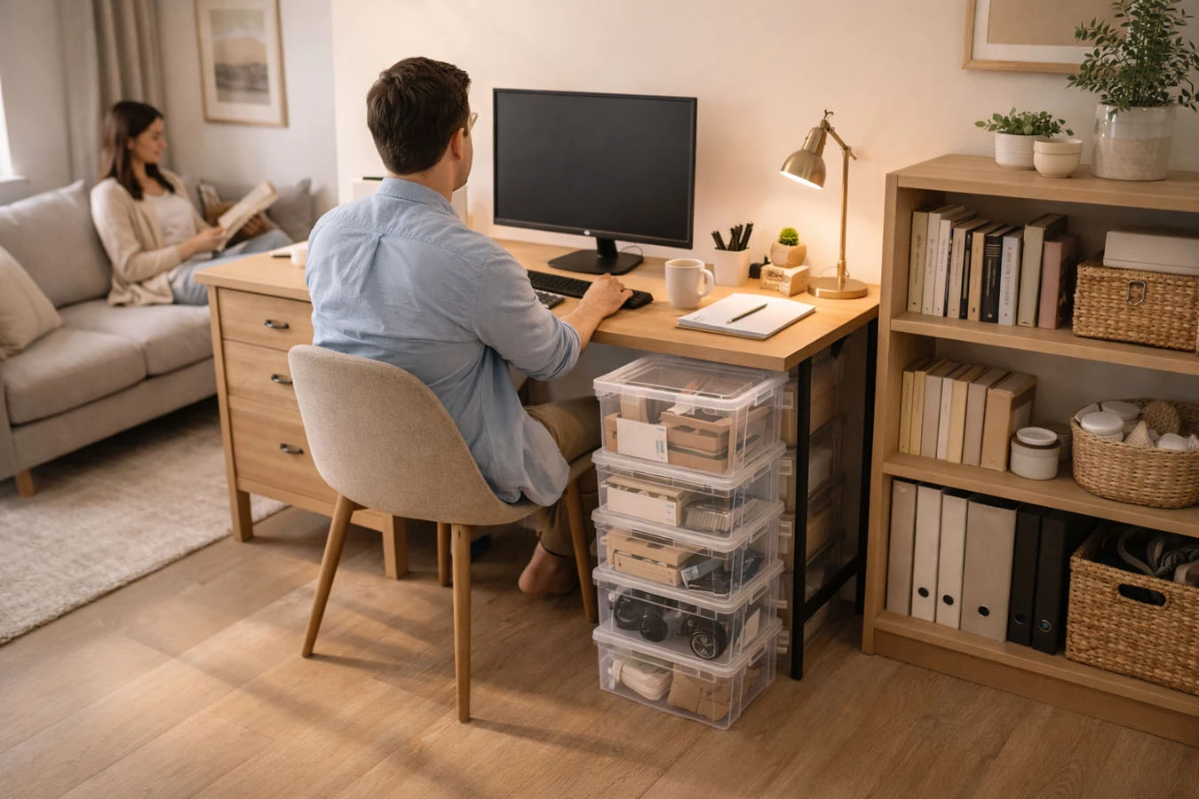 Work-from-home storage in a compact 1-bedroom apartment home office using stackable clear storage boxes