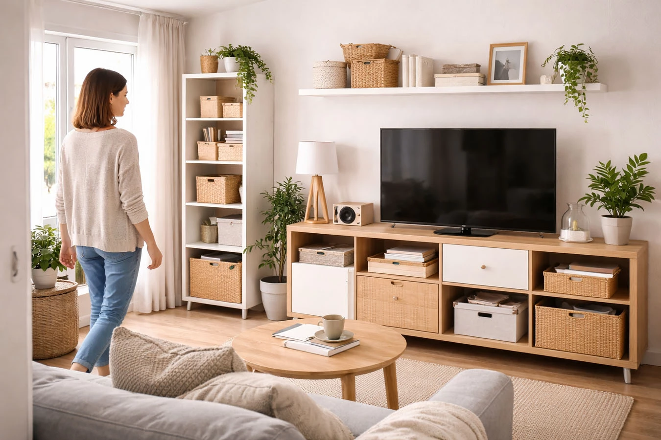 Media / tech organization in a average 1-bedroom rental living room using mixed modular system (open + closed)