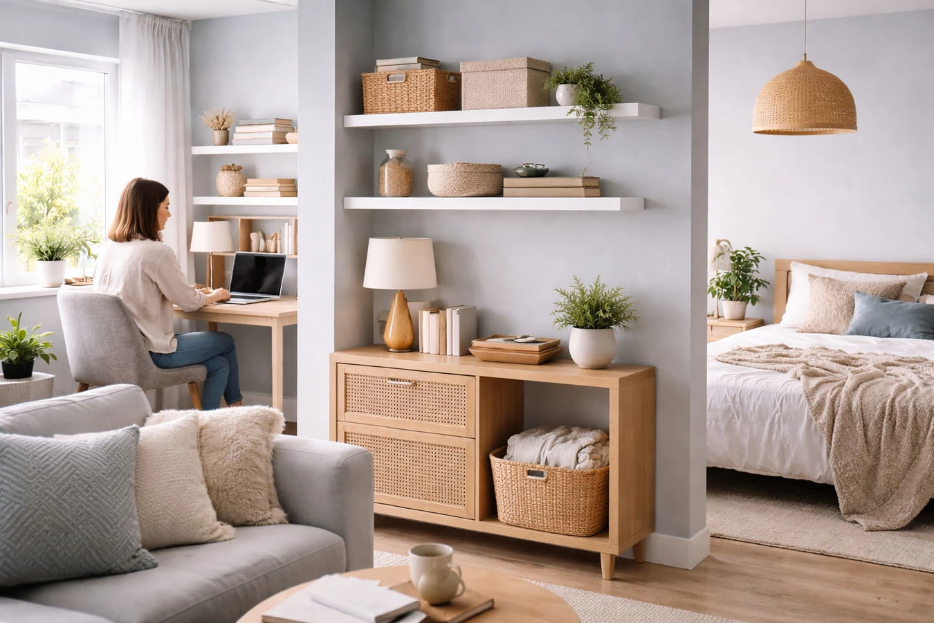 Rental-friendly wall storage in a open-concept small apartment studio apartment main using adhesive floating shelf