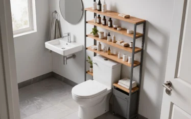 Small studio apartment bathroom featuring over-the-toilet shelving for toiletries organization in a compact renter-friendly layout