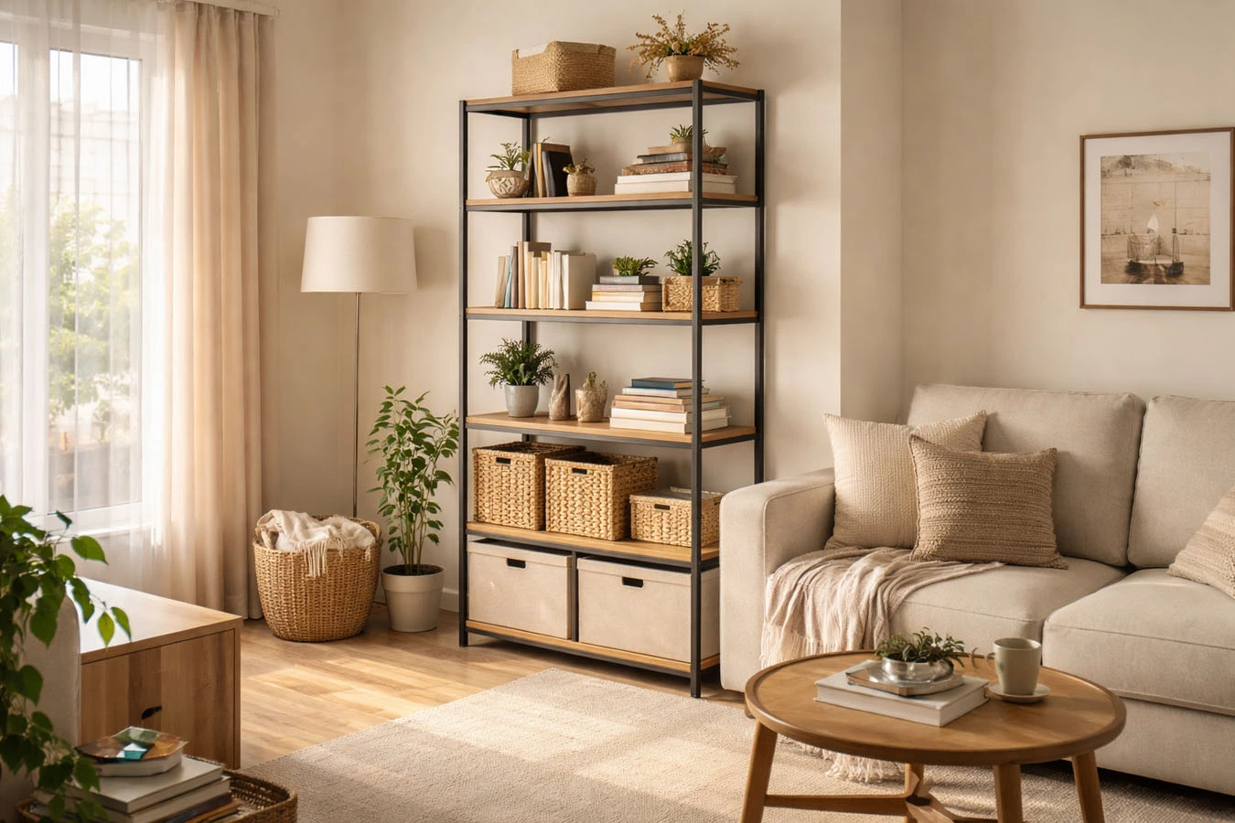 Decorative + functional hybrid storage in a compact 1-bedroom apartment living room using freestanding vertical shelving