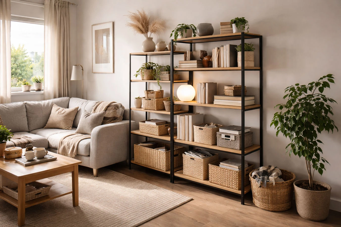 Decorative + functional hybrid storage in a compact 1-bedroom apartment living room using freestanding vertical shelving