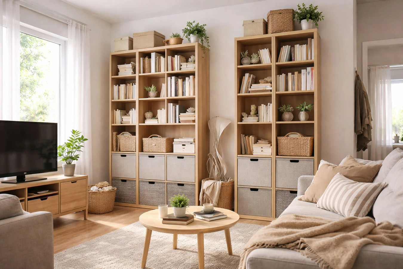 Overhead vertical storage in a small studio apartment living room using tall bookcases