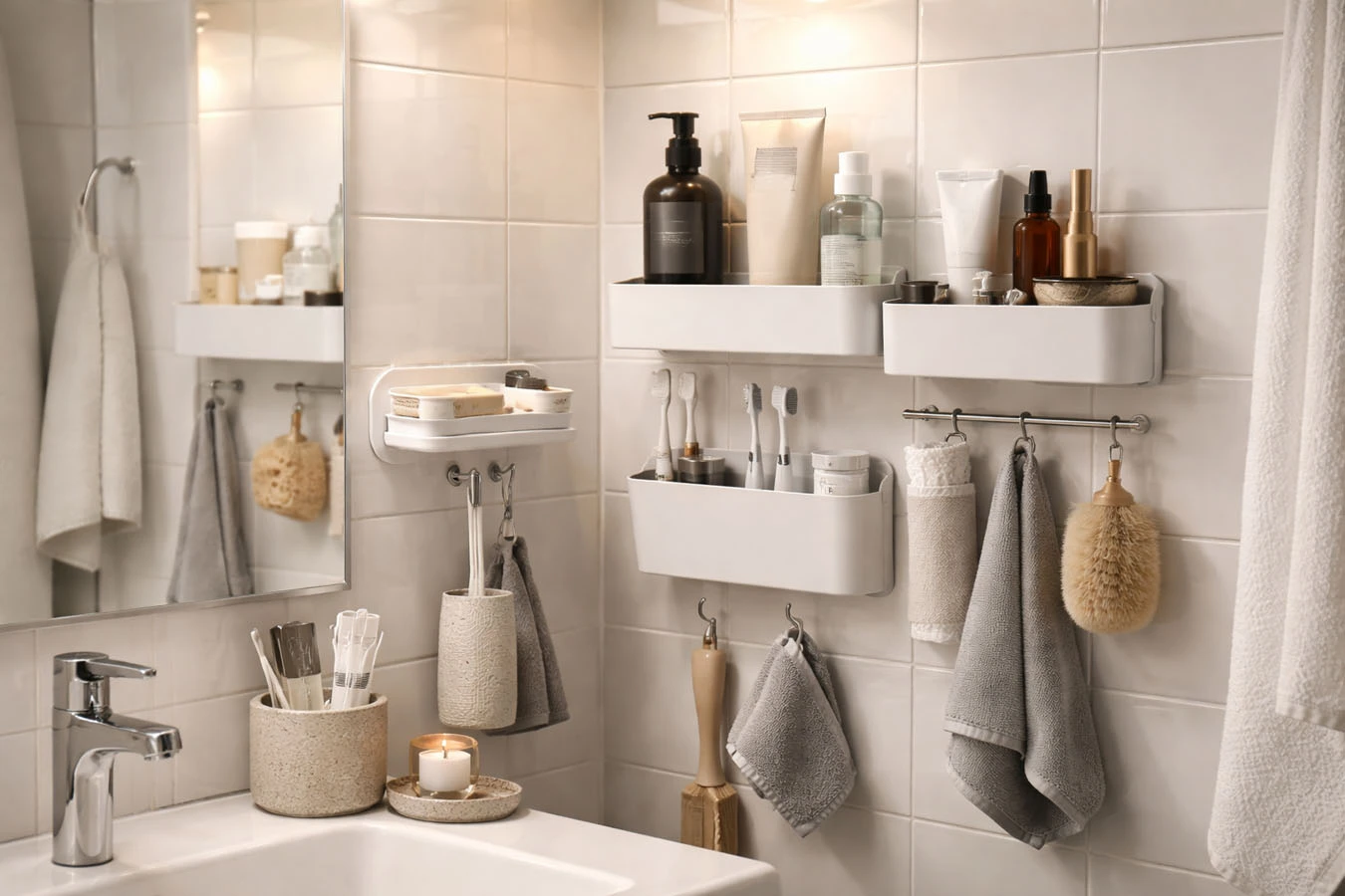 Bathroom toiletries organization in a small studio apartment bathroom using adhesive wall caddy