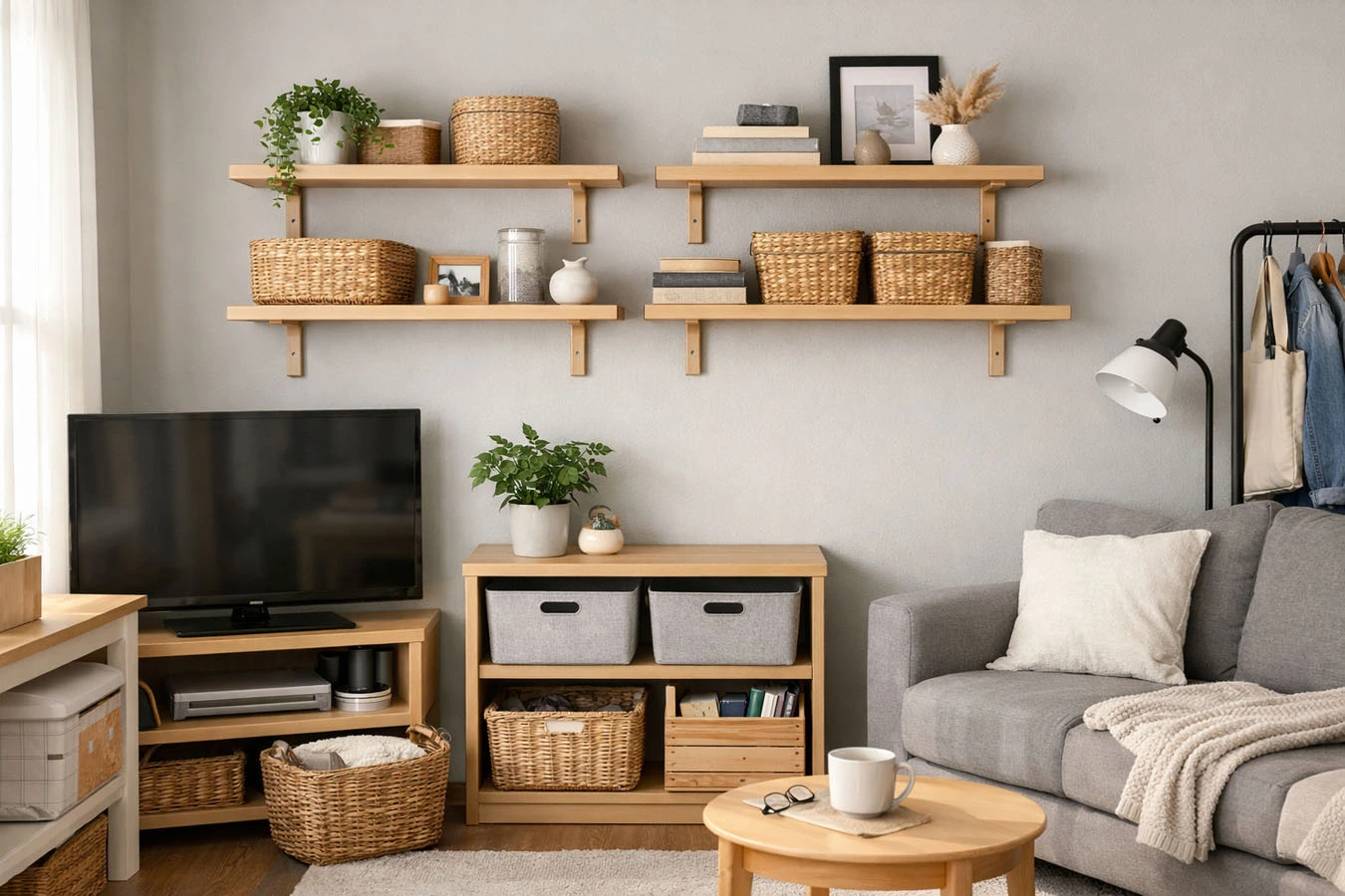 Decorative + functional hybrid storage in a small studio apartment living room using floating shelves