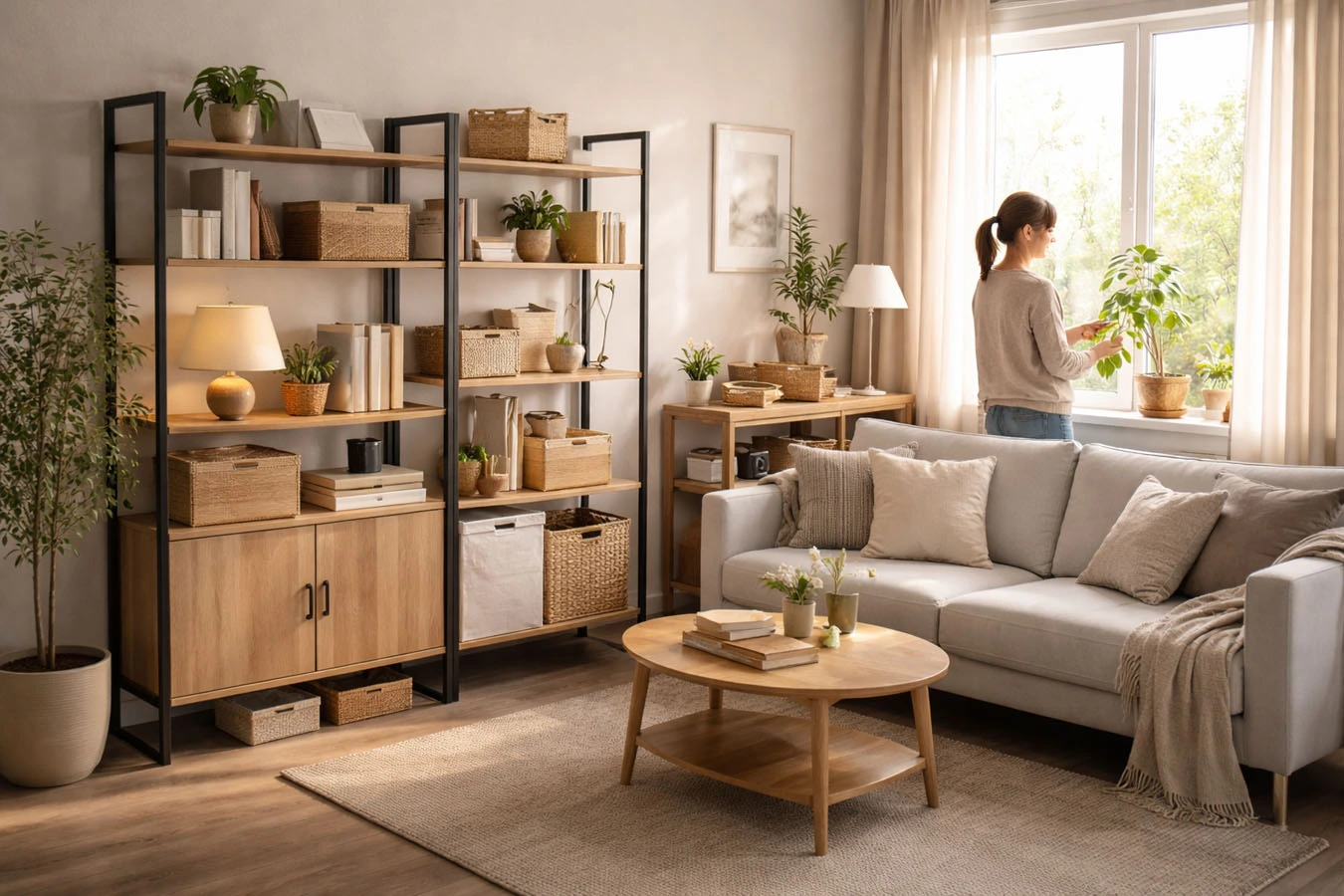 Decorative + functional hybrid storage in a small studio apartment living room using freestanding vertical shelving