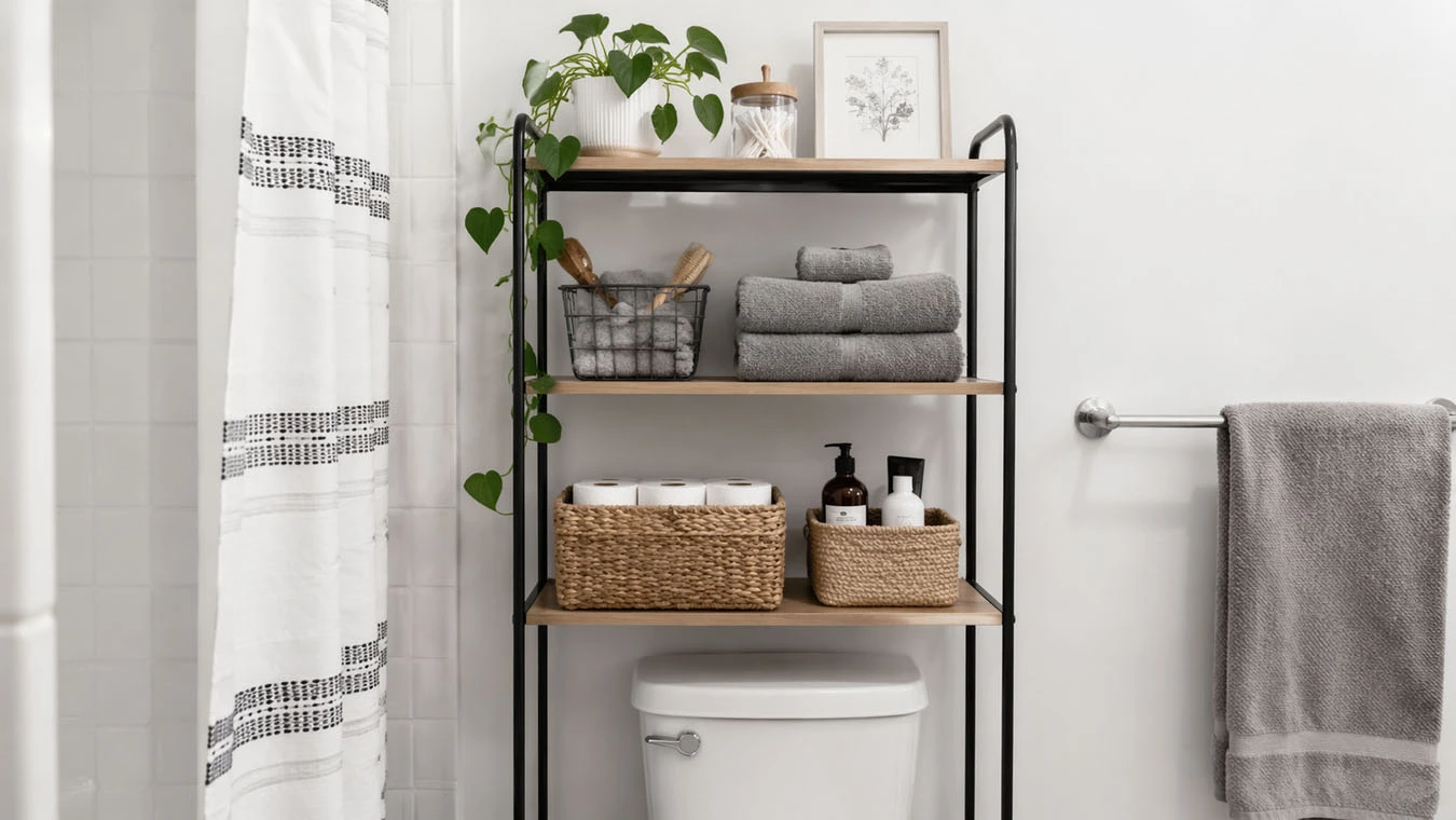 Overhead vertical storage in a compact 1-bedroom apartment bathroom wall above toilet using over-the-toilet shelving 