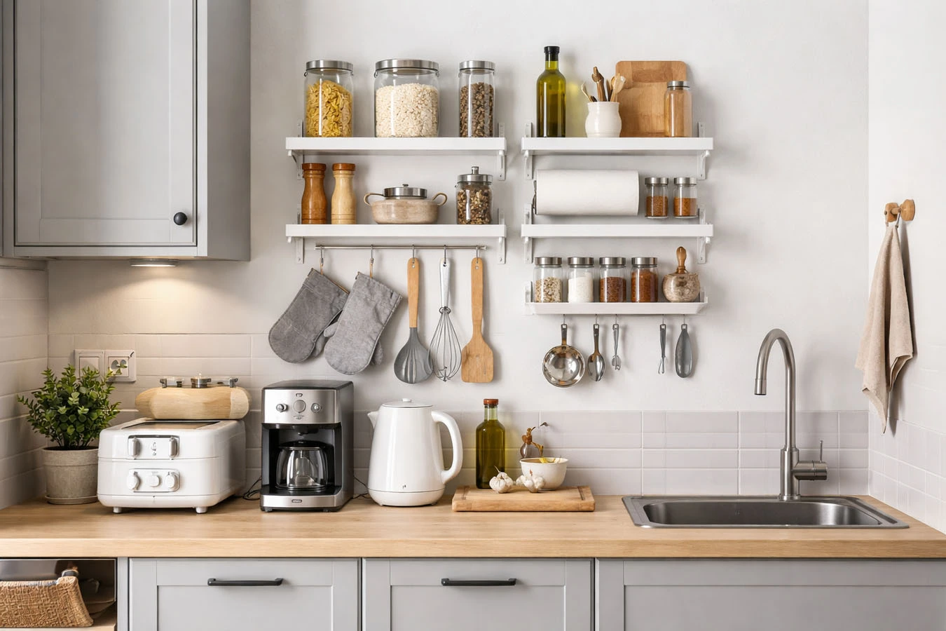Small appliance storage in a small studio apartment kitchen backsplash using adhesive wall caddy