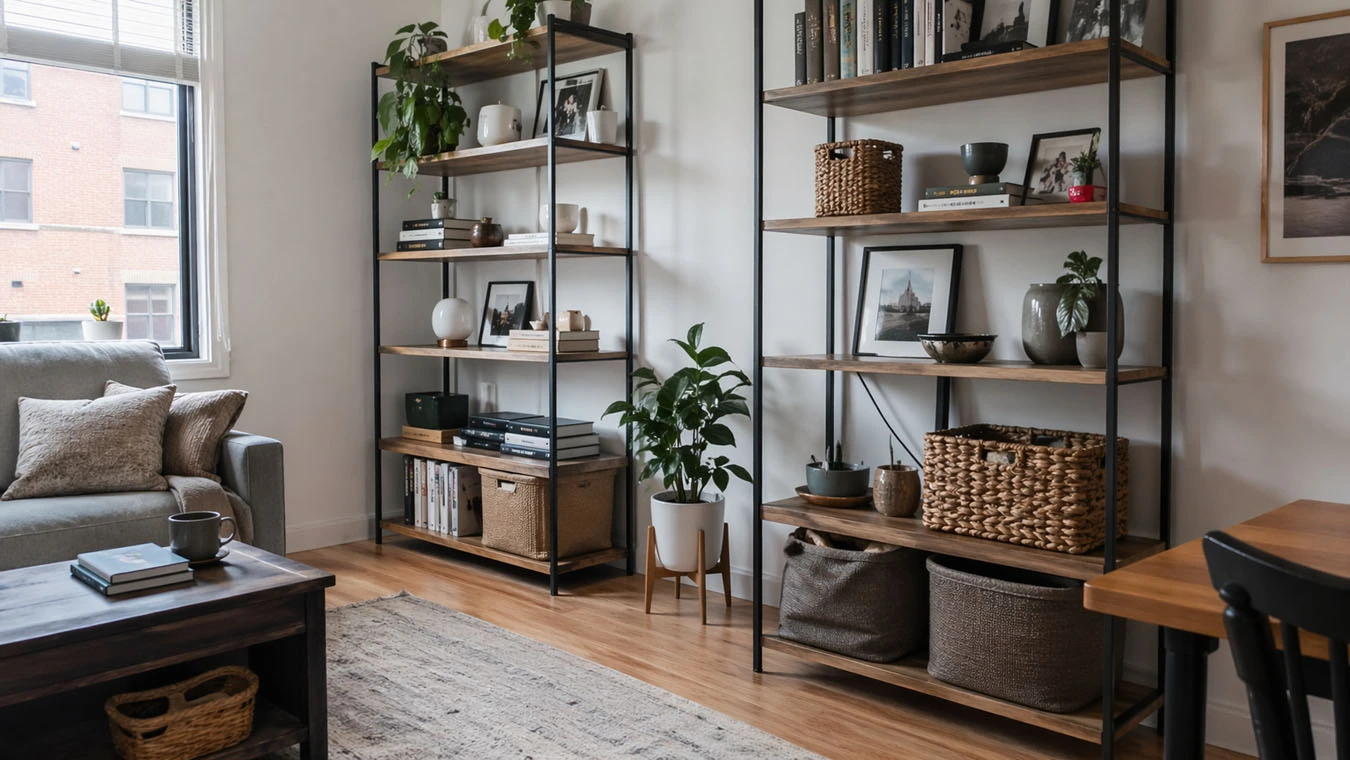 Decorative + functional hybrid storage in a small studio apartment living room using tall bookcases