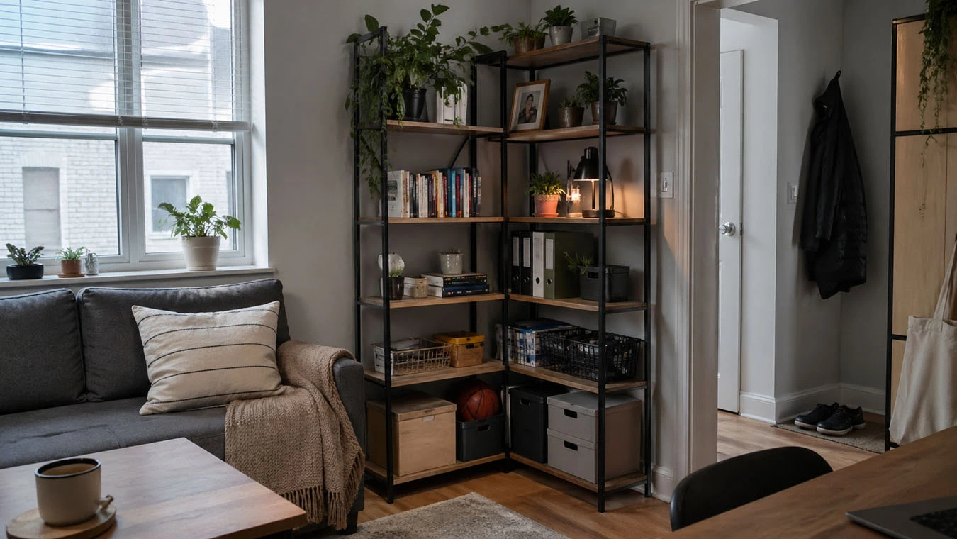 Decorative + functional hybrid storage in a small studio apartment living room using corner shelving units