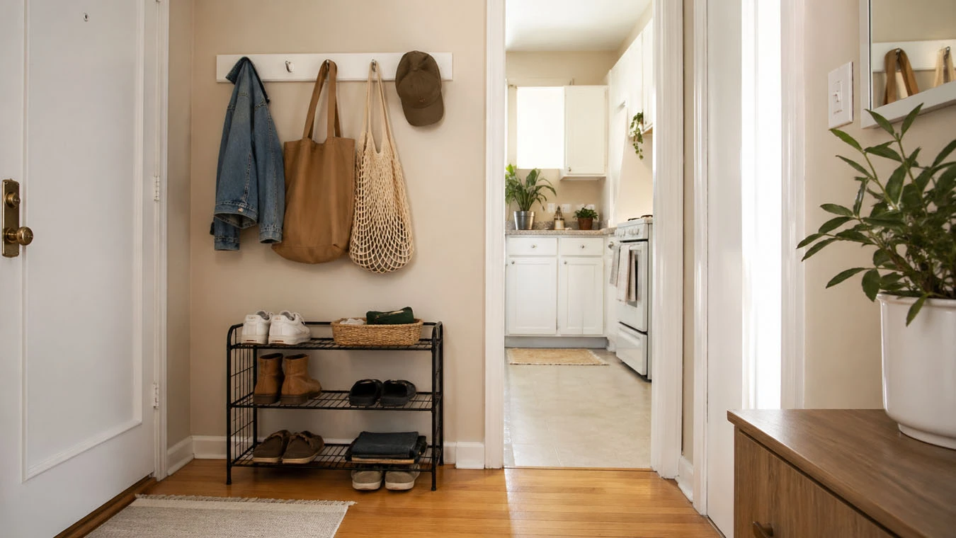 Entryway drop zone in a small studio apartment entryway / hallway using peel-and-stick hook rail