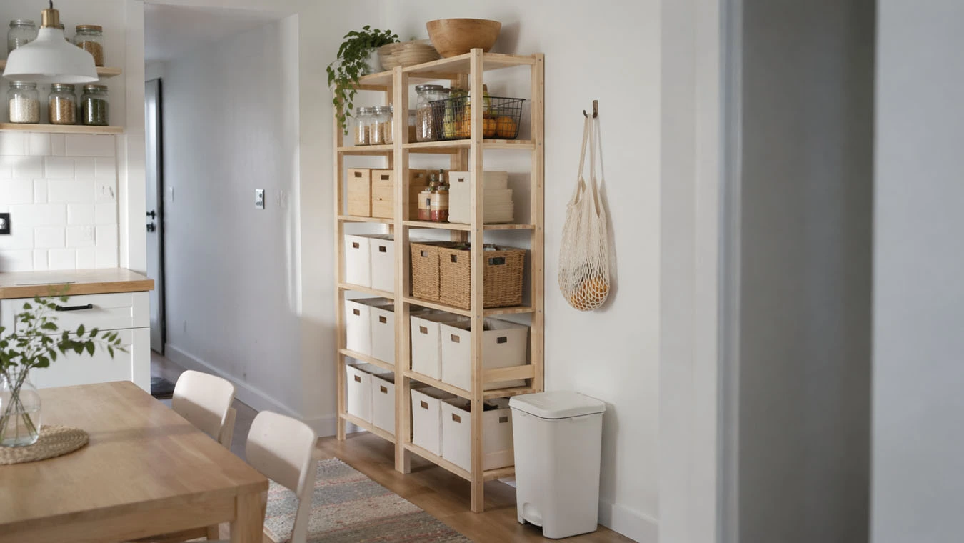 Pantry & kitchen overflow in a compact 1-bedroom apartment pantry nook using freestanding vertical shelving