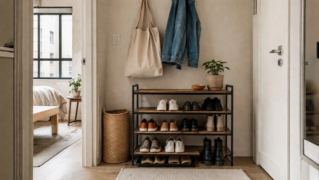Shoe organization system in a small studio apartment entryway / hallway using tiered shoe rack