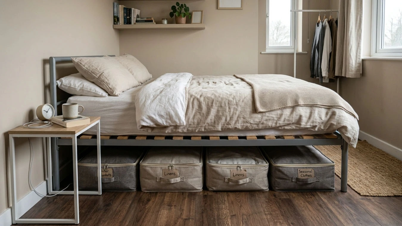 Under-bed storage solution in a small studio apartment bedroom using fabric under-bed storage bags