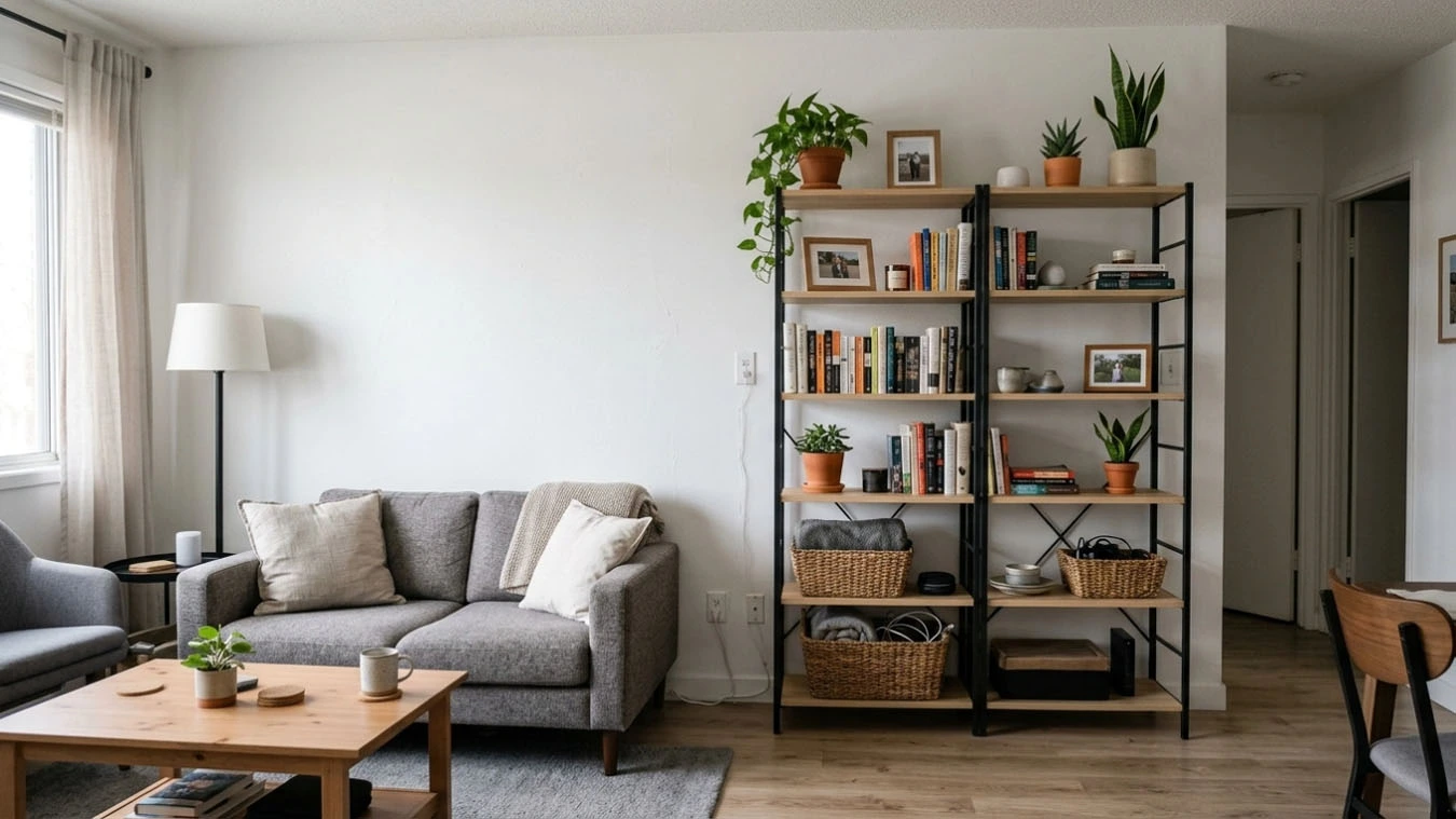 Decorative + functional hybrid storage in a compact 1-bedroom apartment living room using freestanding vertical shelving