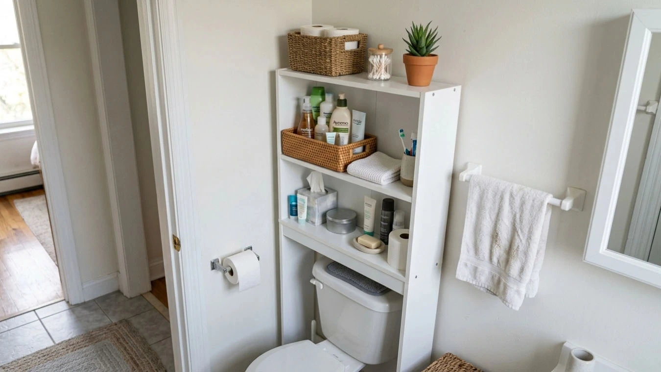 Bathroom toiletries organization in a small studio apartment bathroom wall above toilet using over-the-toilet shelving