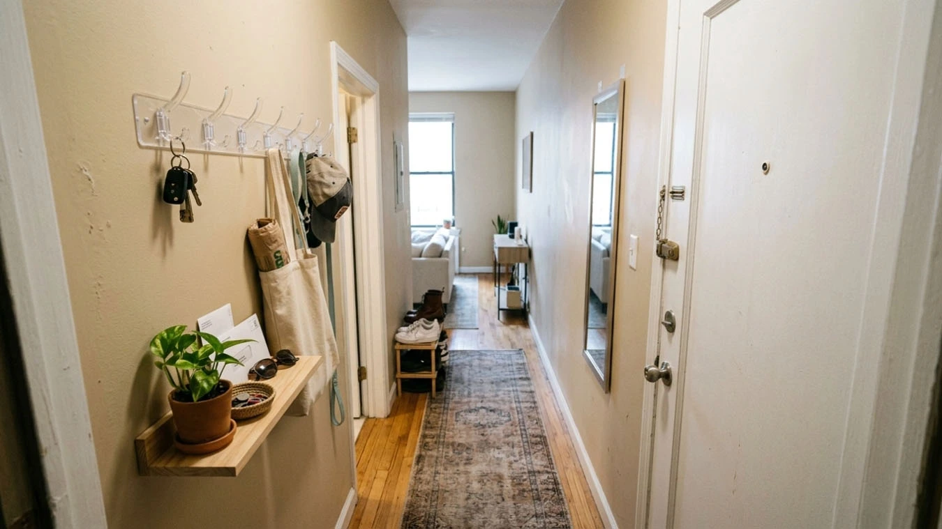 Key & small item wall organization in a compact 1-bedroom apartment entryway / hallway using peel-and-stick hook rail