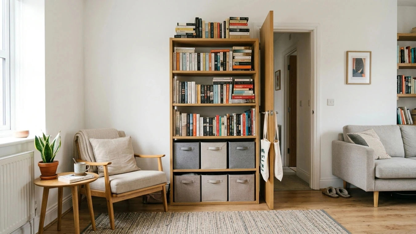 Overflow book storage in a compact 1-bedroom apartment living room using freestanding vertical shelving
