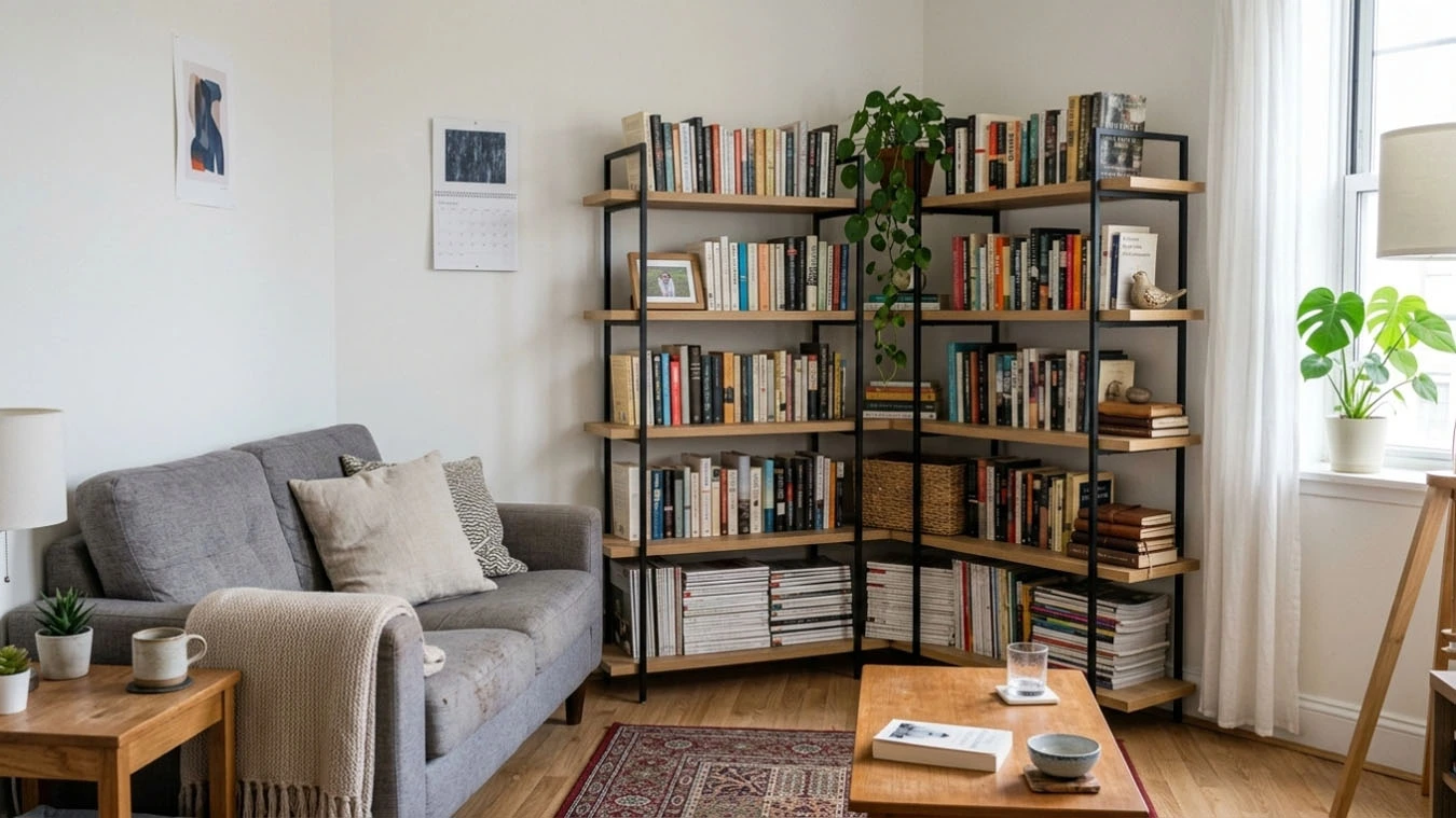 Decorative + Functional Hybrid Storage for renters in a small studio apartment living room, featuring corner shelving units. Corner shelving units maximizing unused corner space in a small apartment living room
