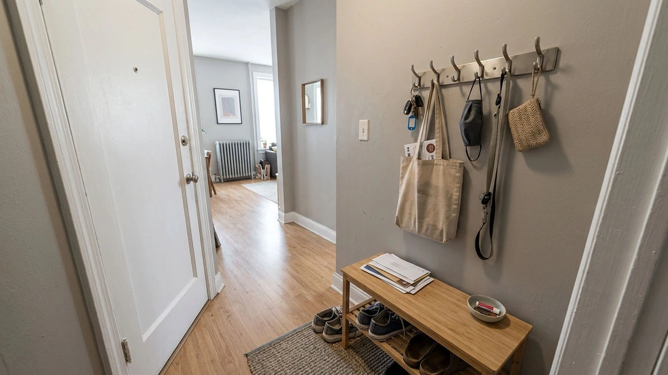Key & small item wall organization in a compact 1-bedroom apartment entryway / hallway using peel-and-stick hook rail