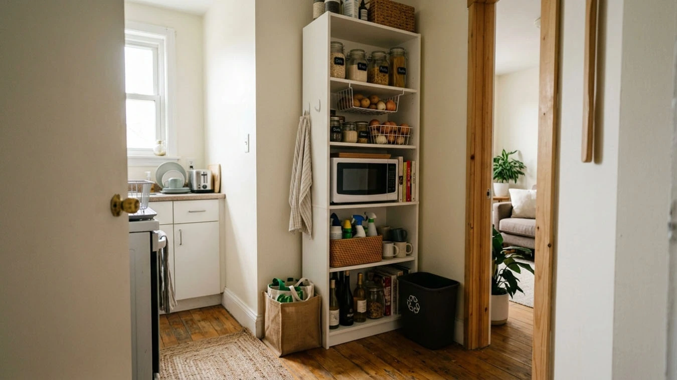 Pantry & kitchen overflow in a small studio apartment kitchen overflow using narrow vertical tower unit