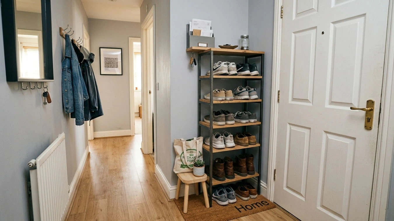 Shoe organization system in a compact 1-bedroom apartment entryway / hallway using narrow vertical tower unit