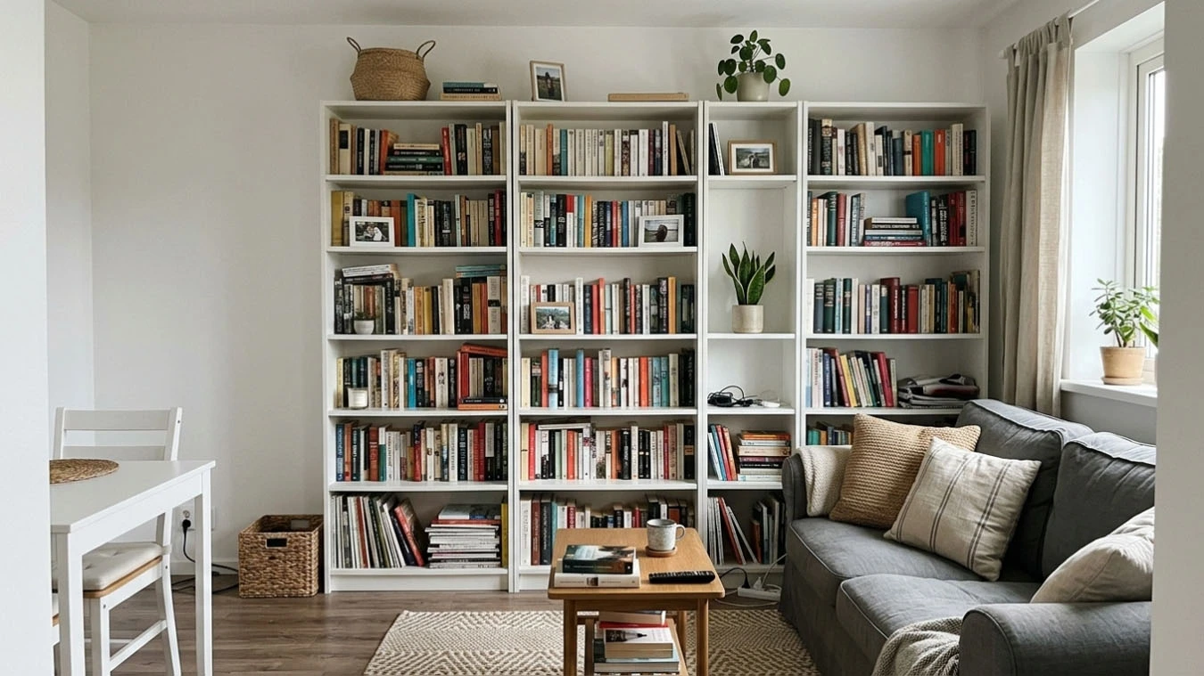 Overflow book storage in a compact 1-bedroom apartment living room using tall bookcases