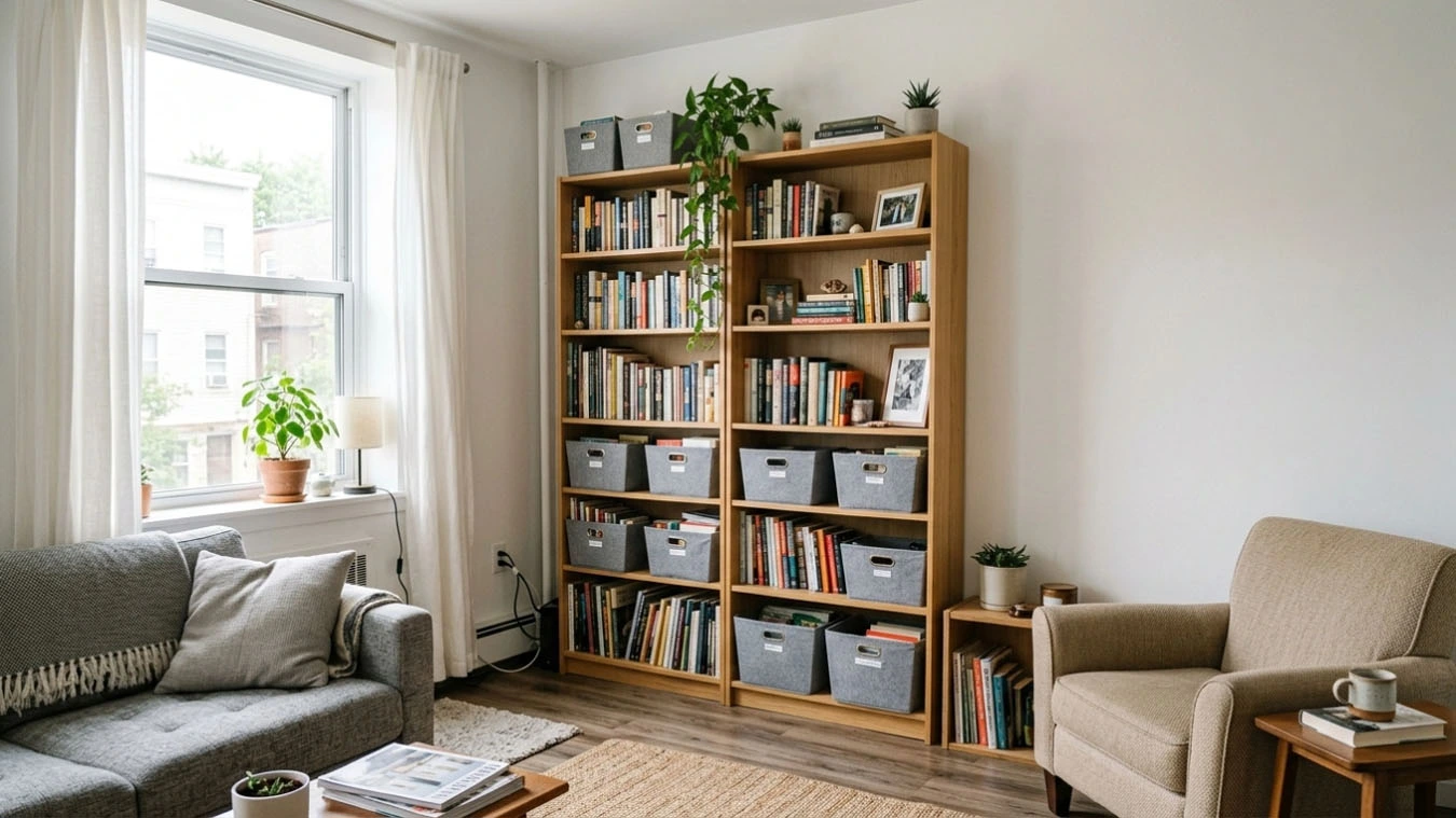 Overflow book storage in a compact 1-bedroom apartment living room using tall bookcases