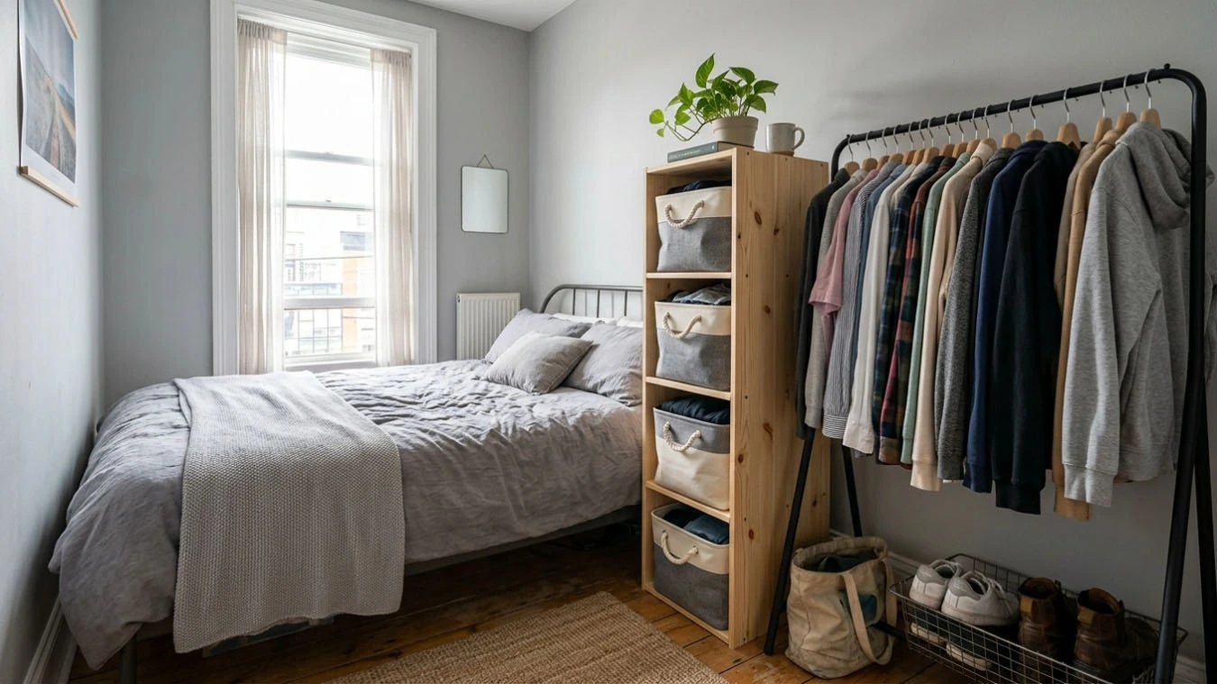 Clothing & wardrobe overflow in a small studio apartment bedroom using narrow vertical tower unit