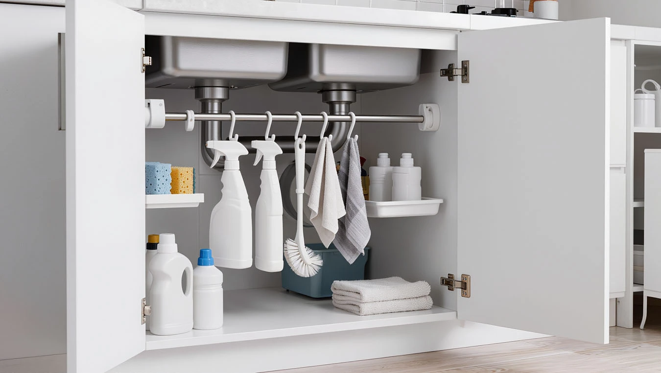 Cleaning supply storage in a micro-studio (very compact, tight layout) under-sink cabinet using tension rod system