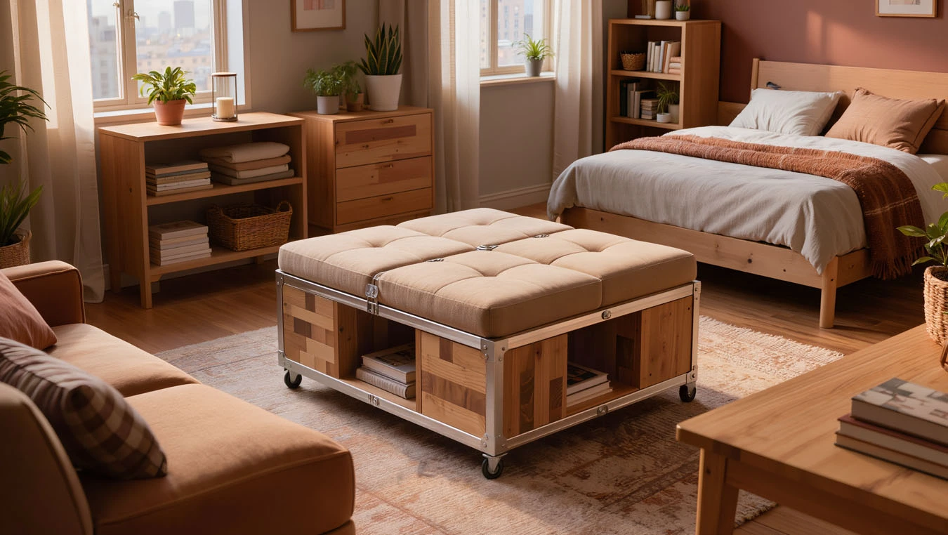 Decorative + functional hybrid storage in a compact 1-bedroom apartment living room using storage ottoman