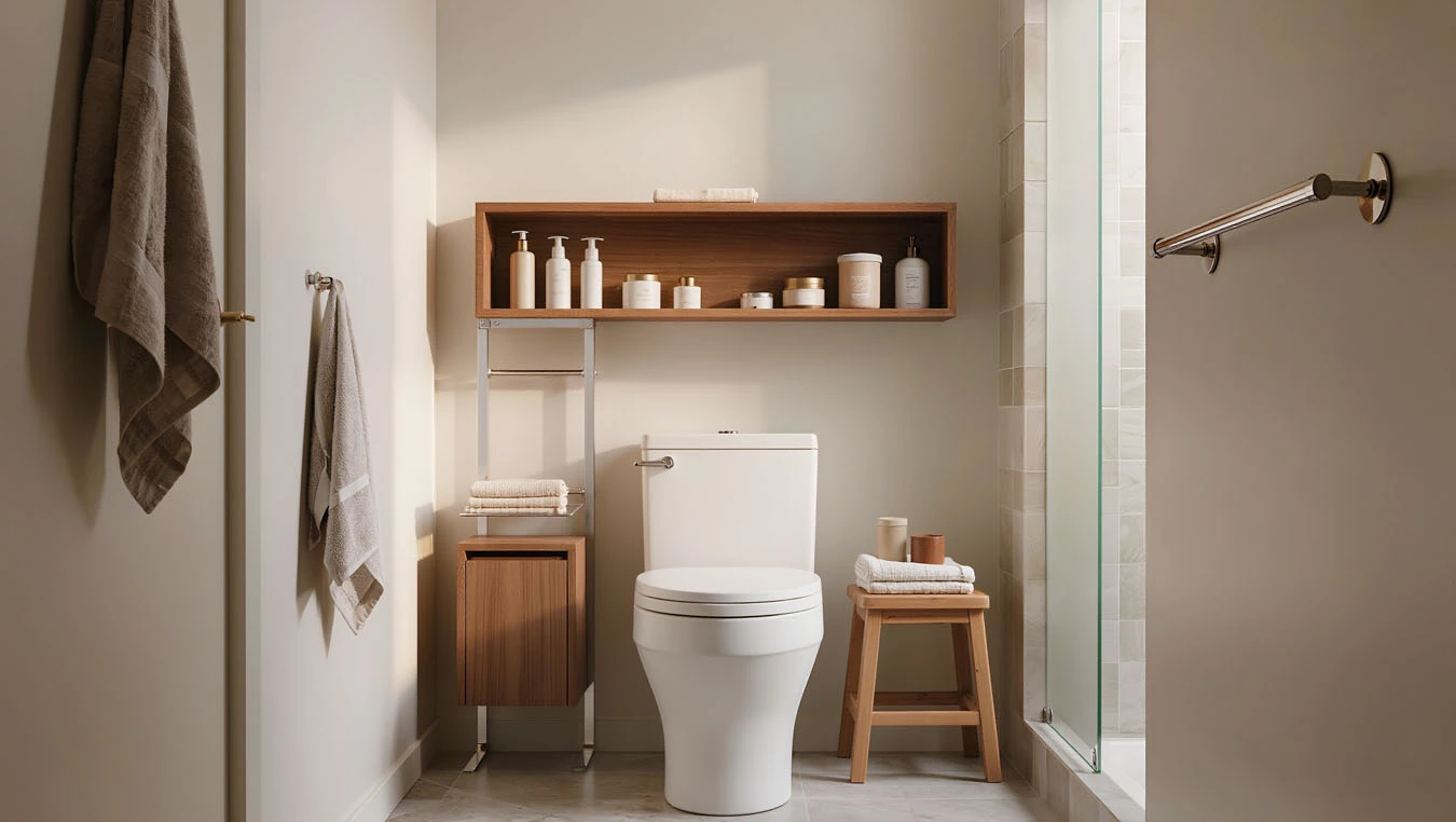  Bathroom toiletries organization in a compact 1-bedroom apartment bathroom wall above toilet using over-the-toilet shelving