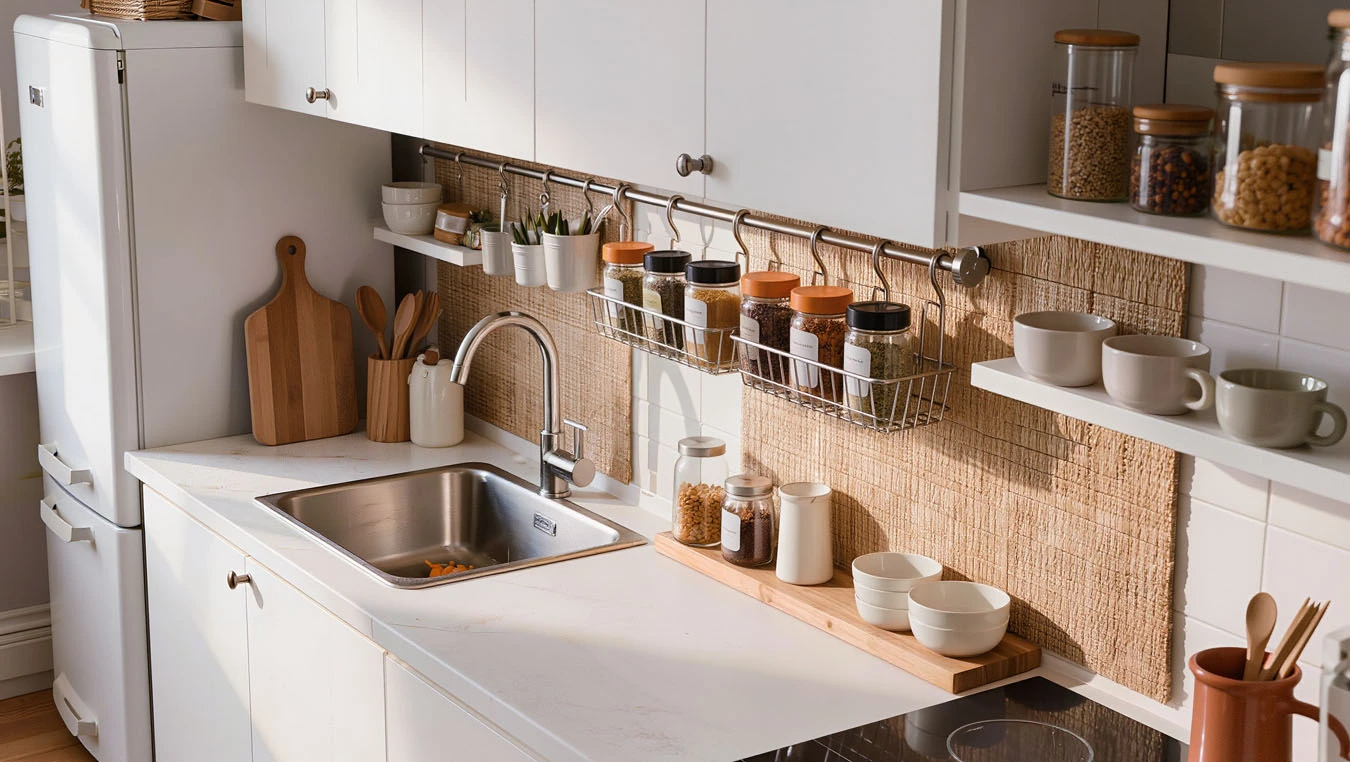 Spice organization in a open-concept small apartment kitchen backsplash using under-shelf hanging basket